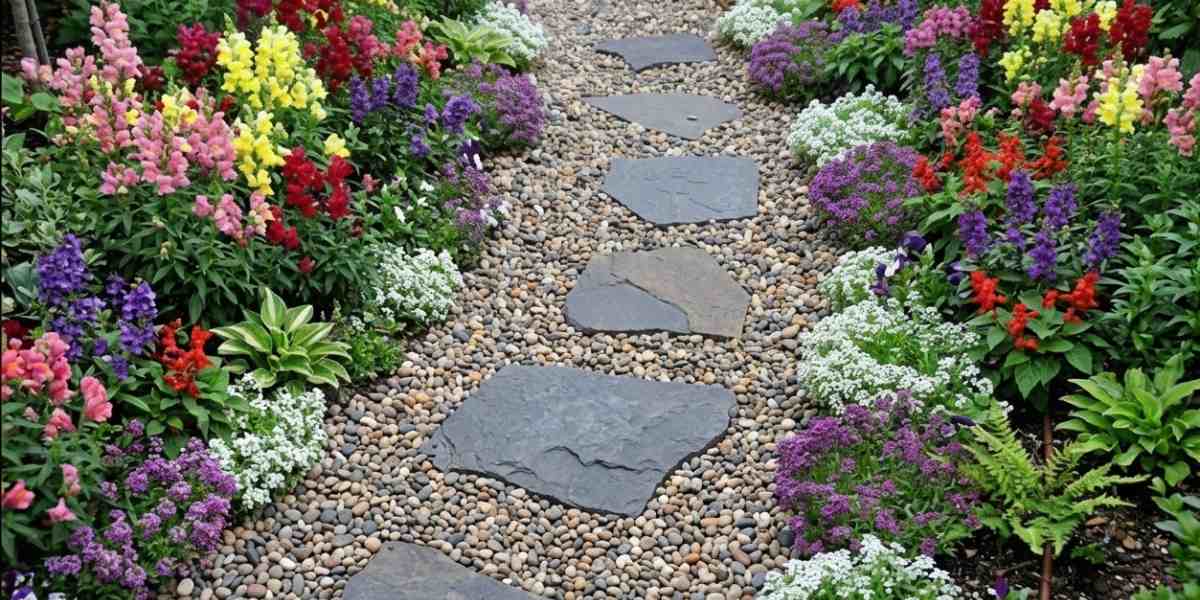 Een pad van grind met staptegels en bloemen in de tuin