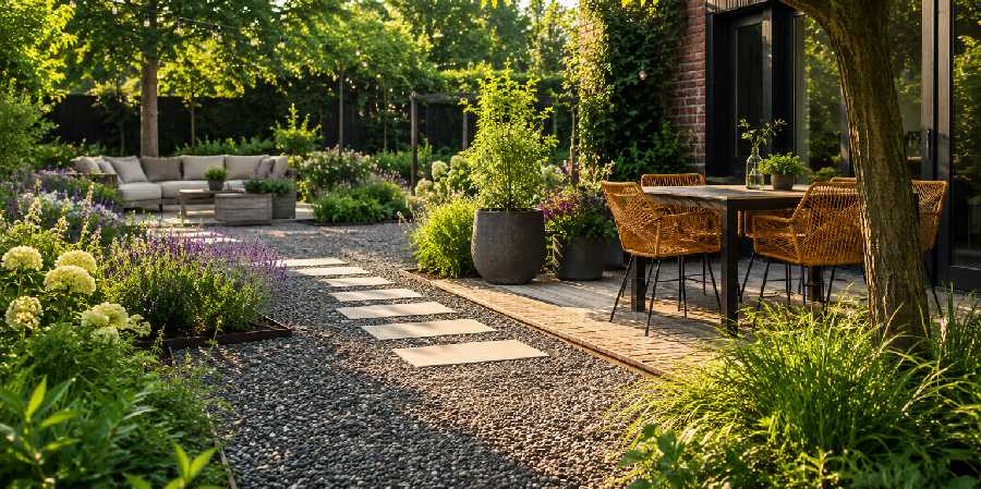 een mooie warme tuin waar groen gecombineerd is met grind en split