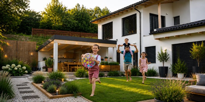 een vader speelt met zijn kinderen in een klimaatvriendelijke tuin met grind afgewisseld met groen en hout.