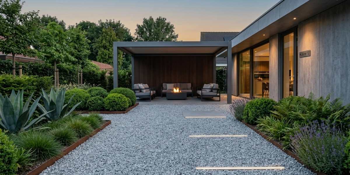 Een moderne woning met een moderne tuin met split