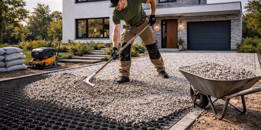 Een hovenier legt grind aan bij de oprit van een woning