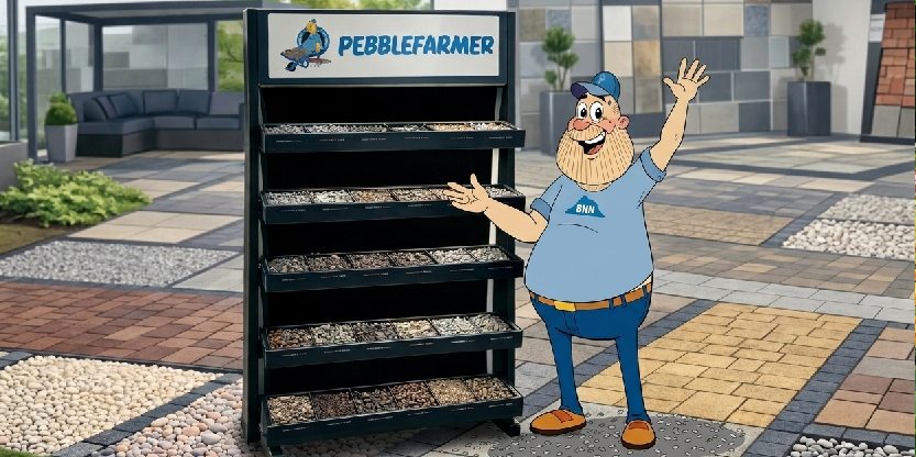 De Pebblefarmer stelling in een showroom