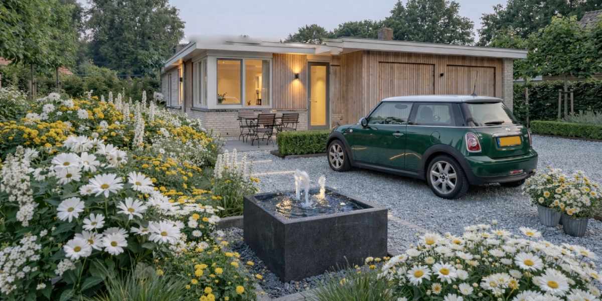 een kleine bungalow met grind op de oprit